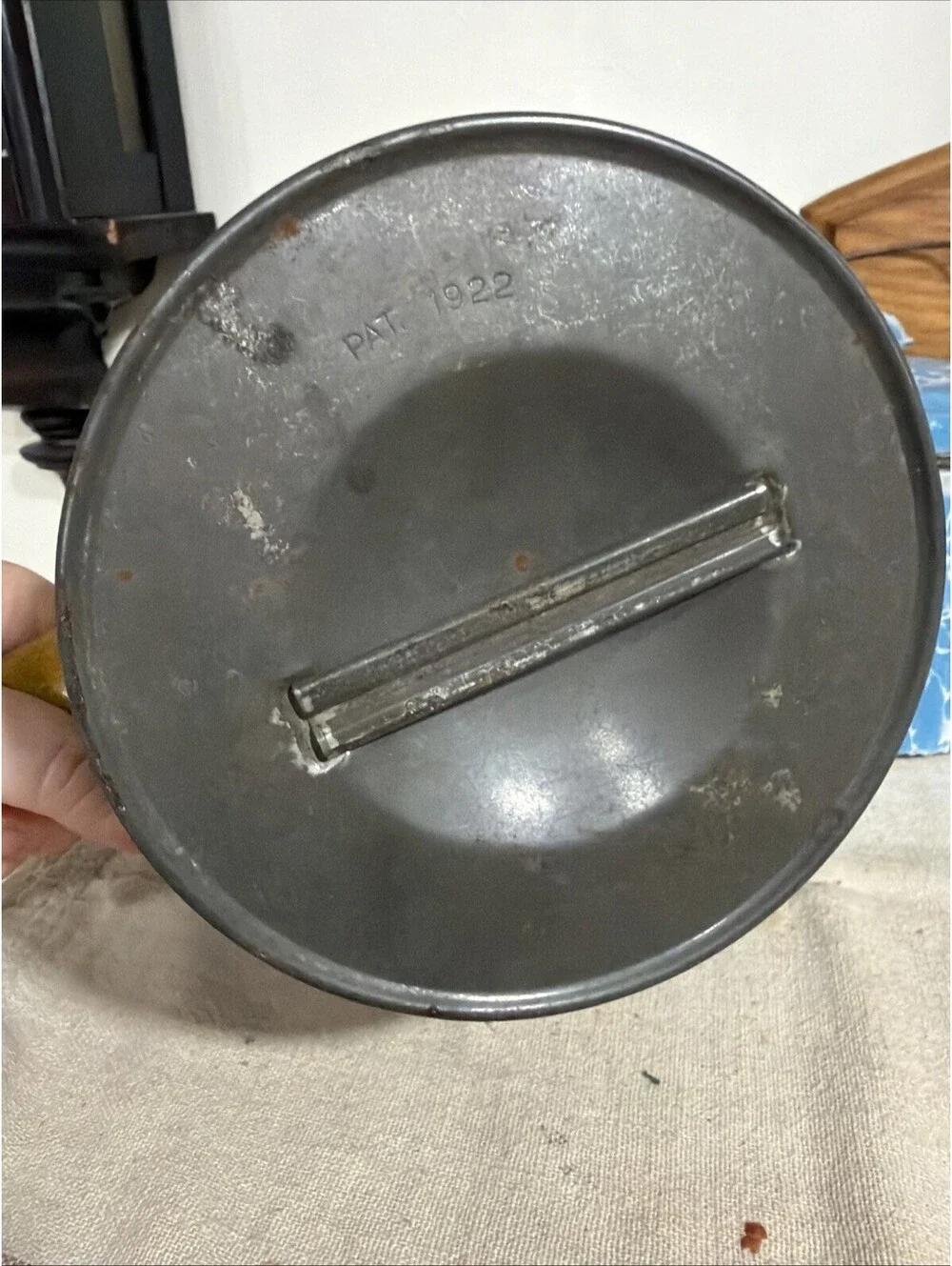 Antique Kitchen 5 Cup DUPLEX SIFTER Yellow Handle both lids flour Primitive Farm